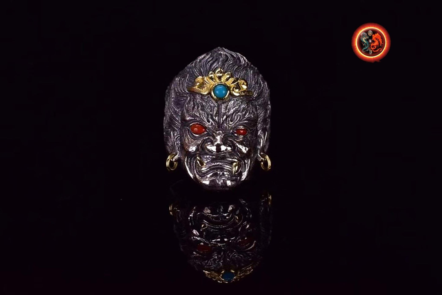 Bague Bouddha Acala. Bouddhisme vajrayana japonais, Shingon. Argent 925, cuivre, turquoises et agates nan hong. Bague ouverte reglable. - obsidian dragon