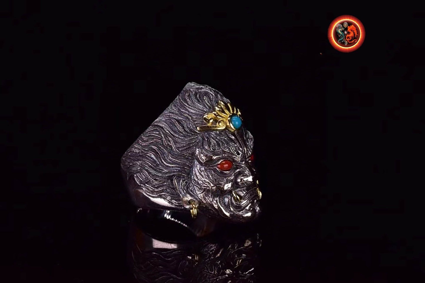 Bague Bouddha Acala. Bouddhisme vajrayana japonais, Shingon. Argent 925, cuivre, turquoises et agates nan hong. Bague ouverte reglable. - obsidian dragon