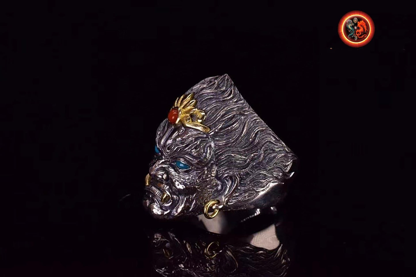 Bague Bouddha Acala. Bouddhisme vajrayana japonais, Shingon. Argent 925, cuivre, turquoises et agates nan hong. Bague ouverte reglable. - obsidian dragon