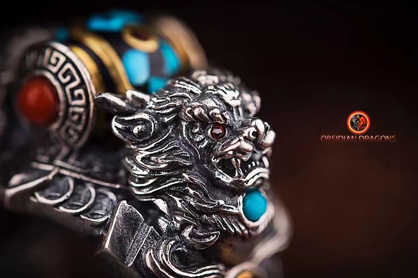 Bague tibétaine bouddhiste DZI : lion des neiges