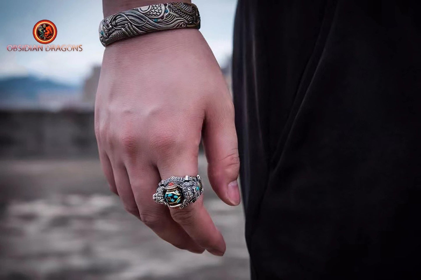 Bague tibétaine bouddhiste DZI : lion des neiges