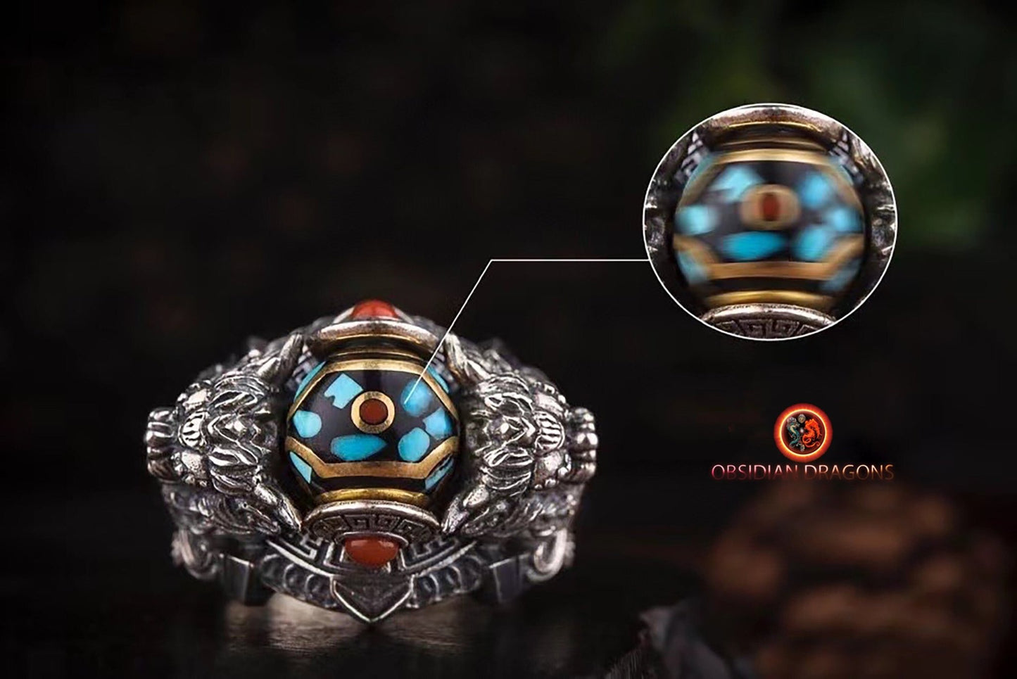 Bague tibétaine bouddhiste DZI : lion des neiges