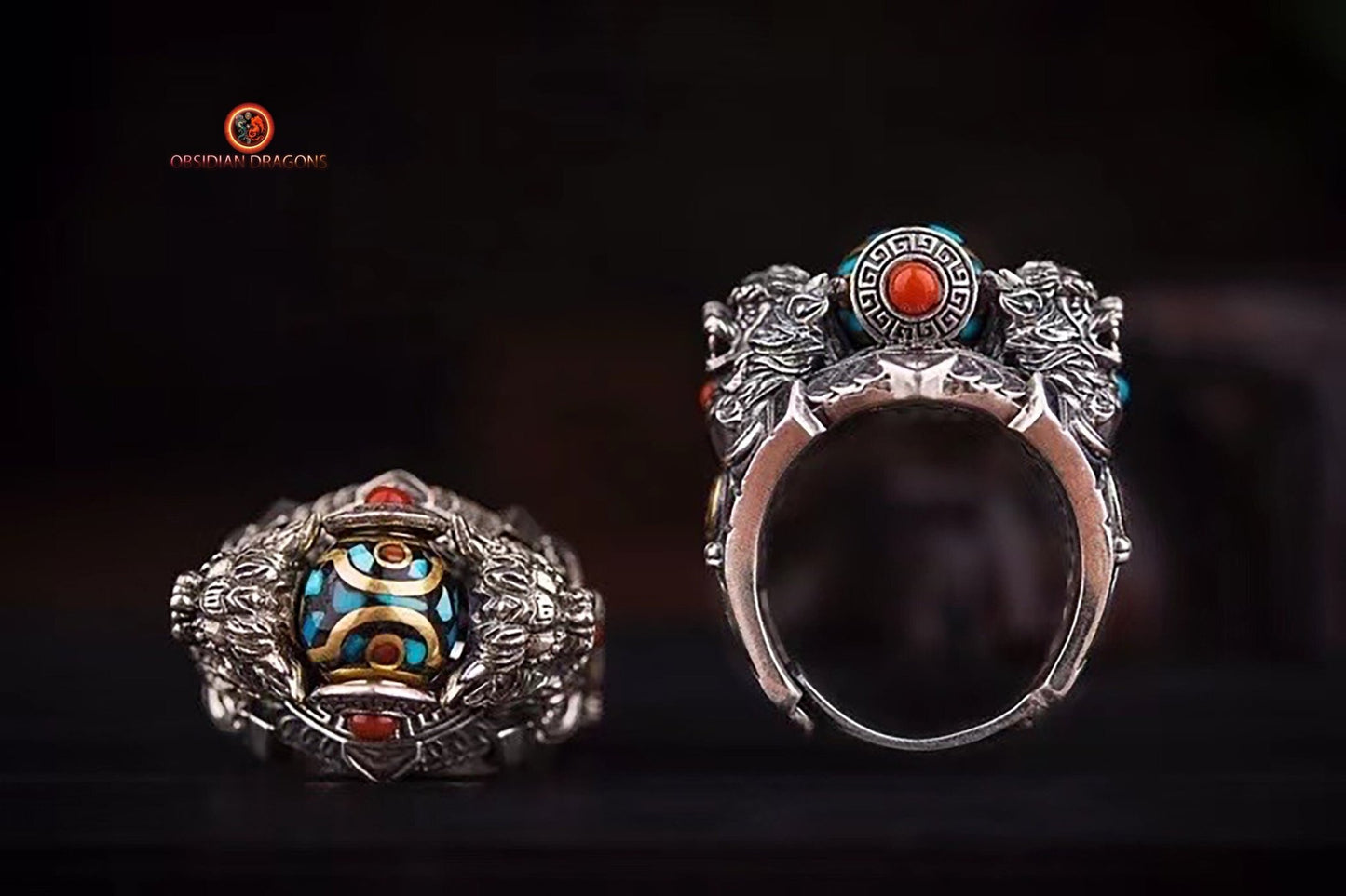 Bague tibétaine bouddhiste DZI : lion des neiges