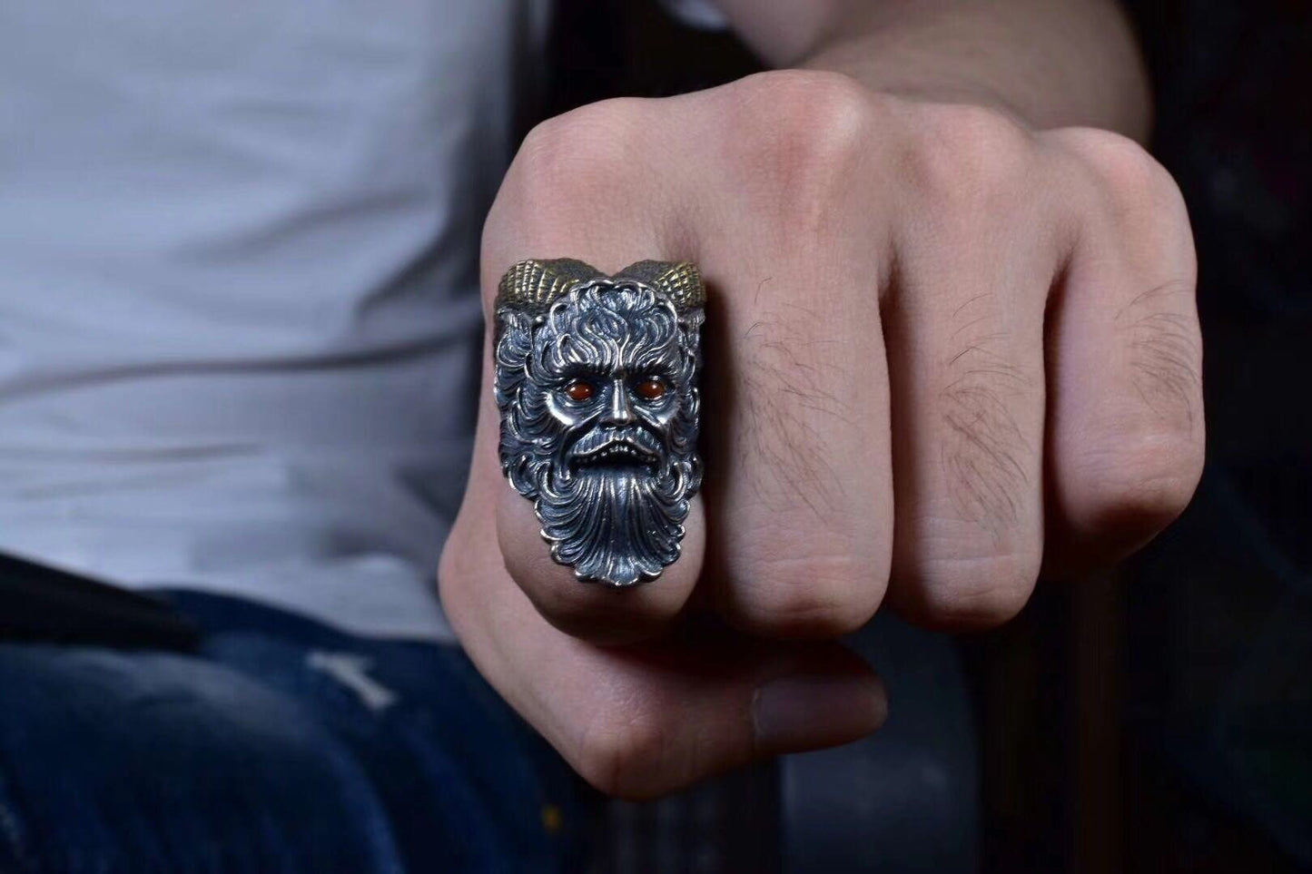 bague démon, argent 925, cuivre, agate du Yunnan dite "nan hong" ou turquoise "castle dome" d'Arizona. - obsidian dragon
