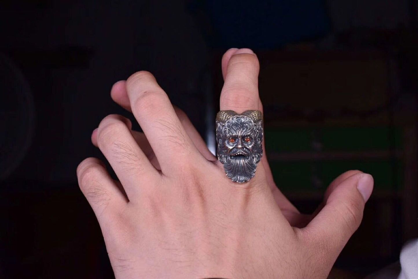 bague démon, argent 925, cuivre, agate du Yunnan dite "nan hong" ou turquoise "castle dome" d'Arizona. - obsidian dragon