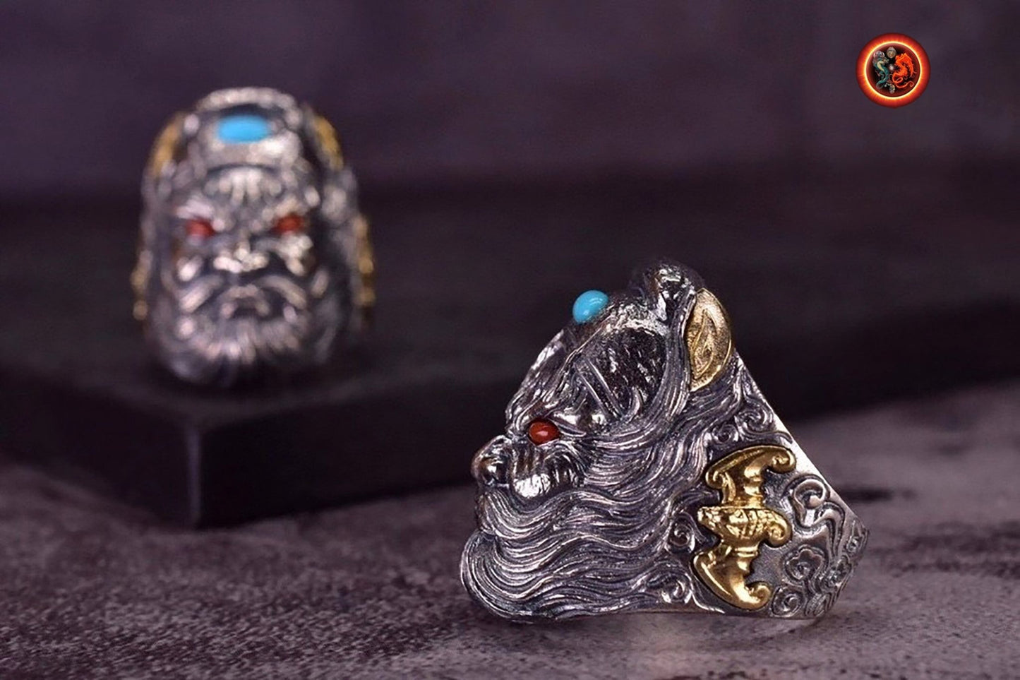 Bague, chevalière de protection Feng shui. Exorcisme taoïste. zhong kui le fantôme chasseur de fantôme. bague ouverte reglable. Argent 925, turquoise. - obsidian dragon