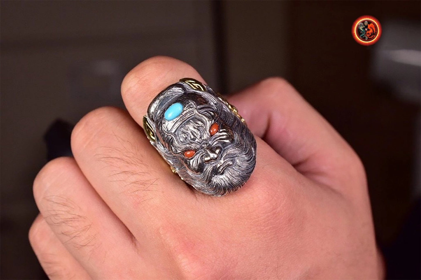 Bague, chevalière de protection Feng shui. Exorcisme taoïste. zhong kui le fantôme chasseur de fantôme. bague ouverte reglable. Argent 925, turquoise. - obsidian dragon