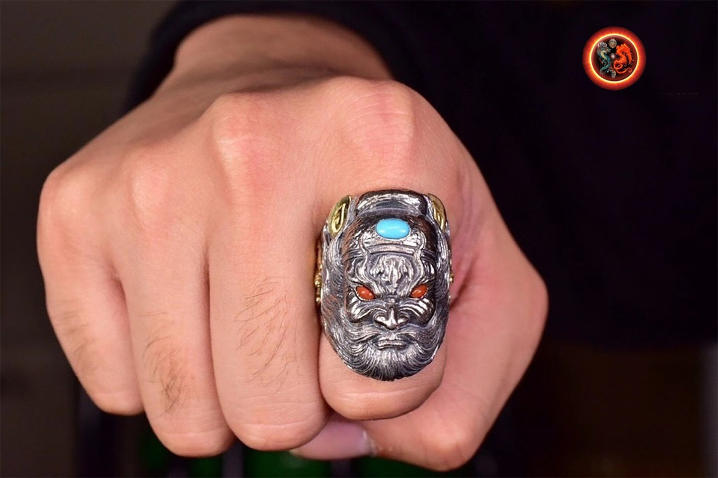 Bague, chevalière de protection Feng shui. Exorcisme taoïste. zhong kui le fantôme chasseur de fantôme. bague ouverte reglable. Argent 925, turquoise. - obsidian dragon