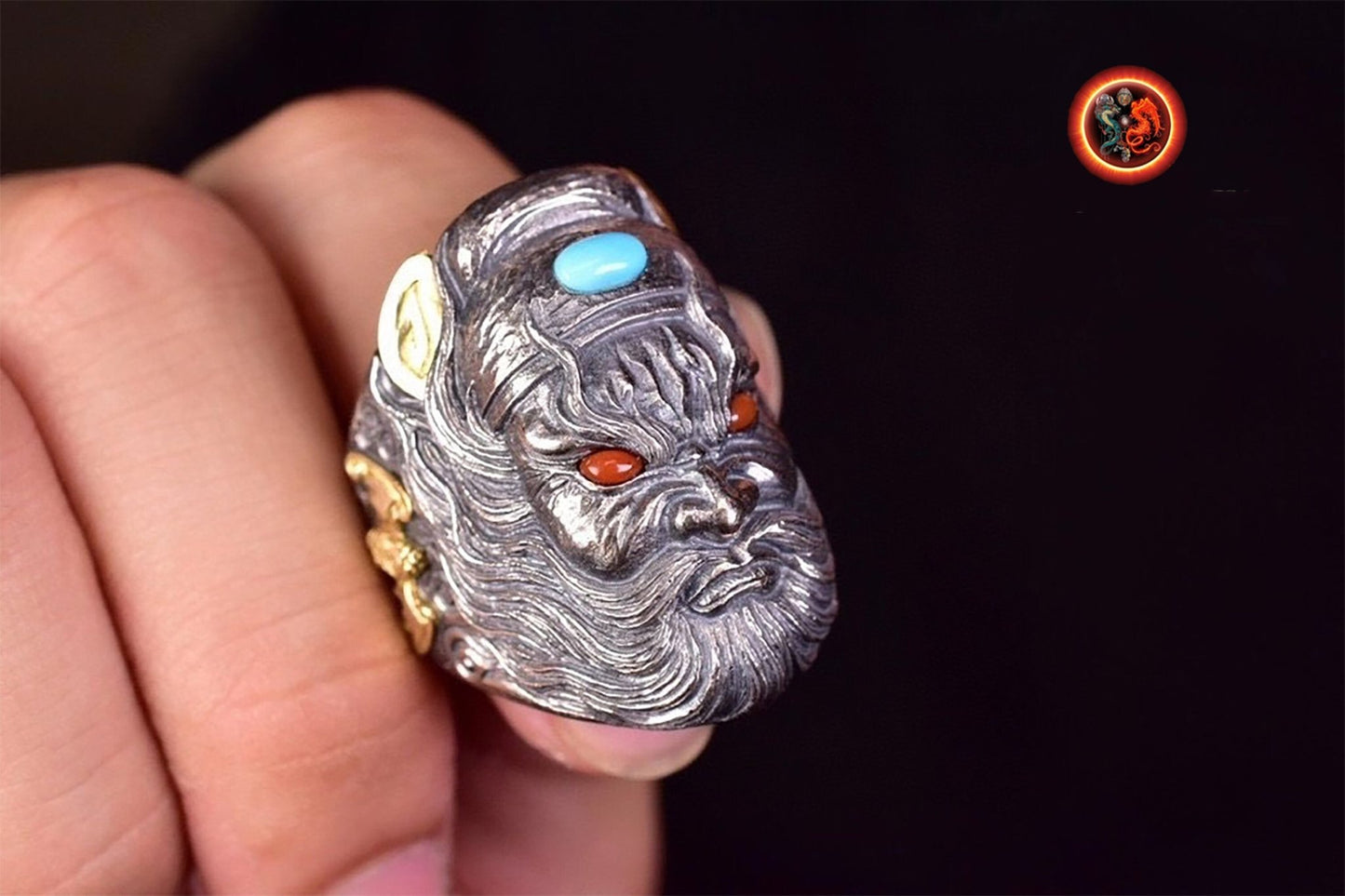 Bague, chevalière de protection Feng shui. Exorcisme taoïste. zhong kui le fantôme chasseur de fantôme. bague ouverte reglable. Argent 925, turquoise. - obsidian dragon