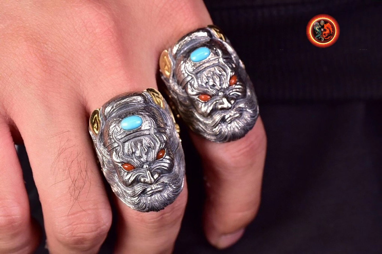 Bague, chevalière de protection Feng shui. Exorcisme taoïste. zhong kui le fantôme chasseur de fantôme. bague ouverte reglable. Argent 925, turquoise. - obsidian dragon