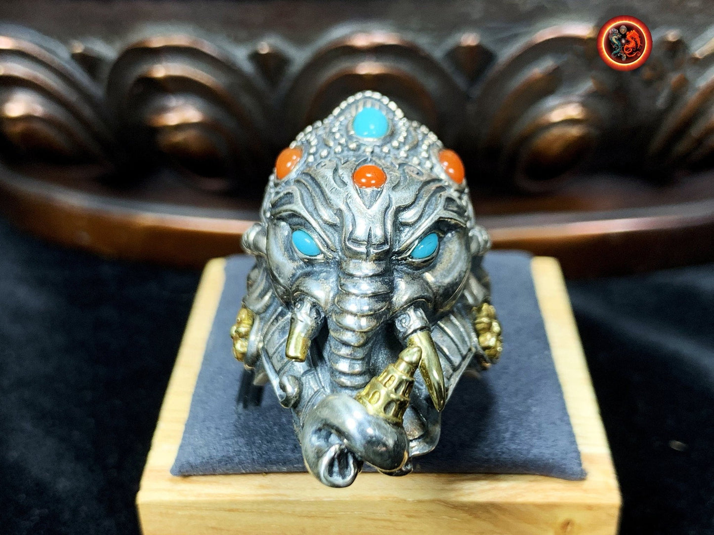 bague, chevalière Ganesh argent 925, cuivre turquoise d'Arizona agate dite "nan Hong". - obsidian dragon