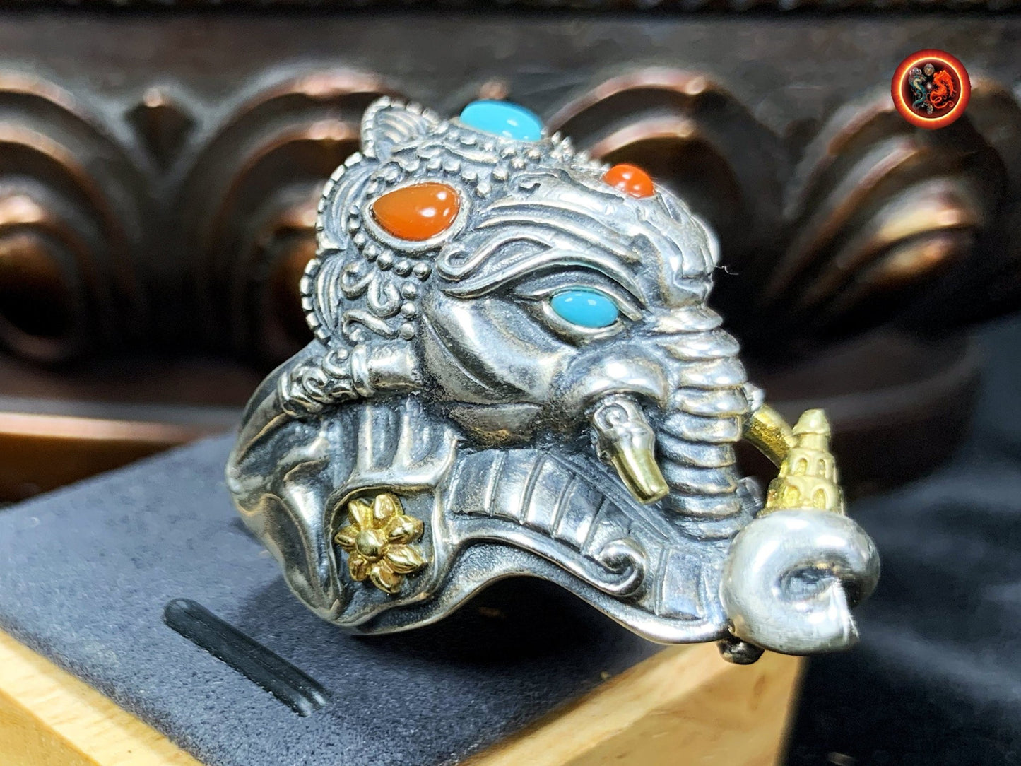 bague, chevalière Ganesh argent 925, cuivre turquoise d'Arizona agate dite "nan Hong". - obsidian dragon