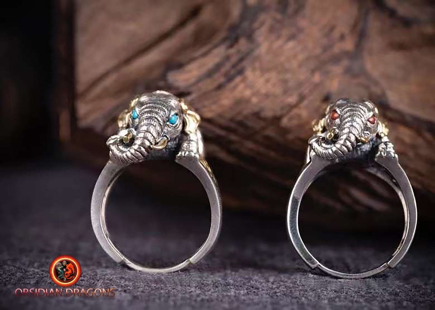Bague Ganesh, le dieu elephant, argent 925, au choix turquoises ou agates nan hong, bague réglable à toute tailles de doigt, coulissant. - obsidian dragon