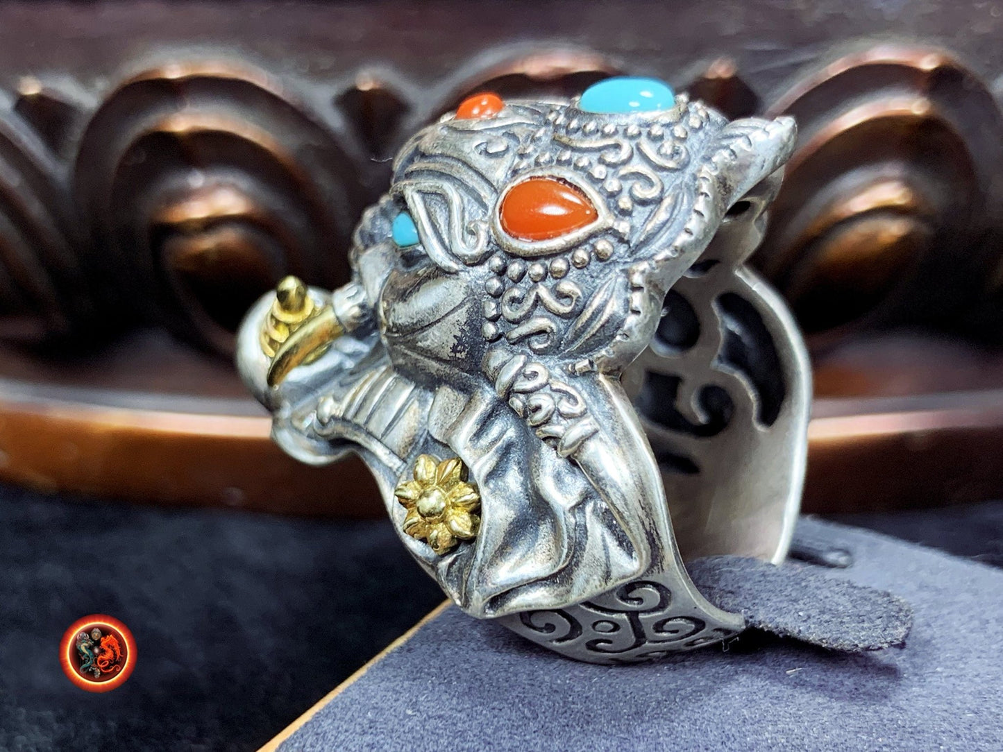 bague, chevalière Ganesh argent 925, cuivre turquoise d'Arizona agate dite "nan Hong". - obsidian dragon