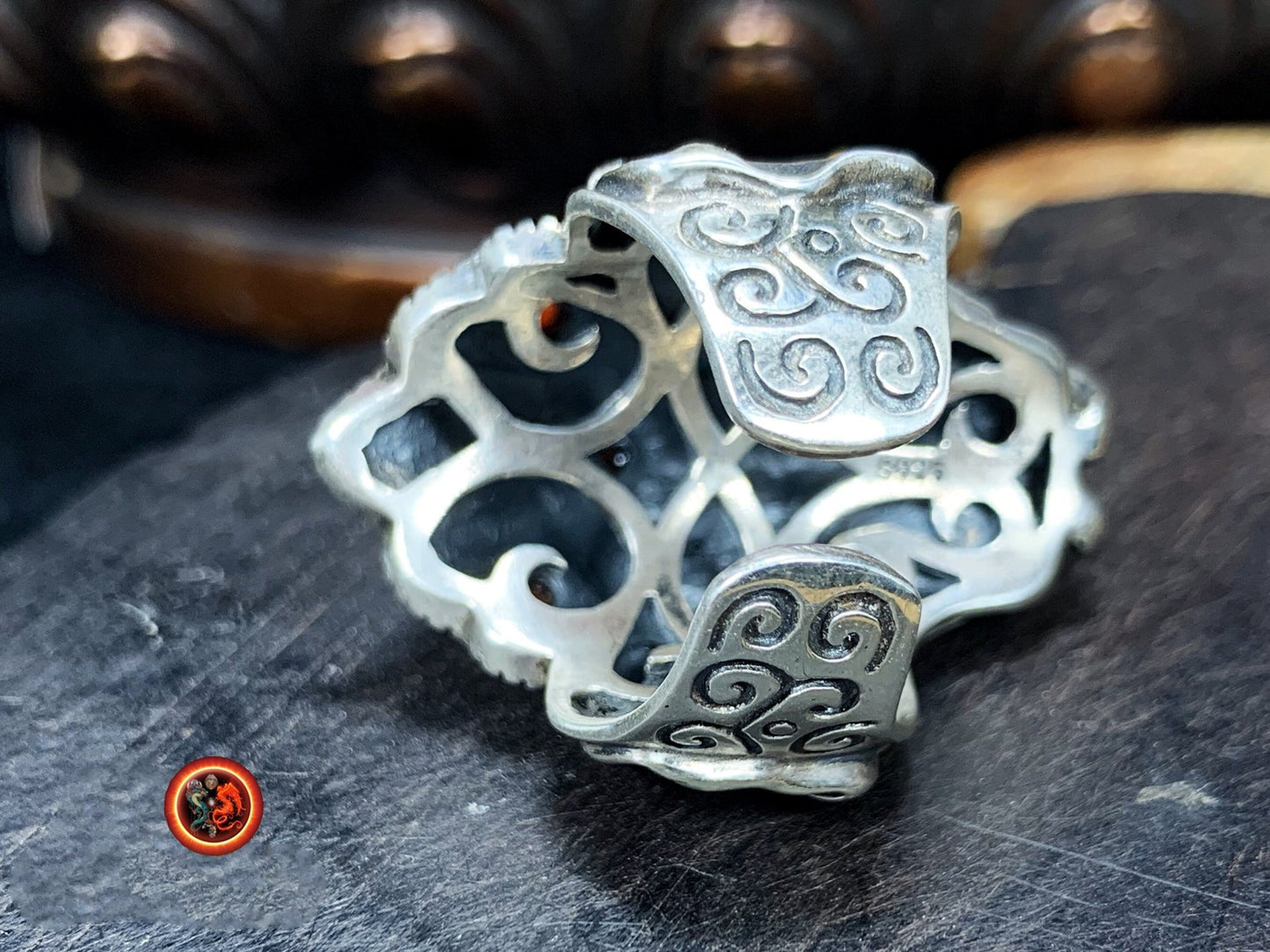 bague, chevalière Ganesh argent 925, cuivre turquoise d'Arizona agate dite "nan Hong". - obsidian dragon