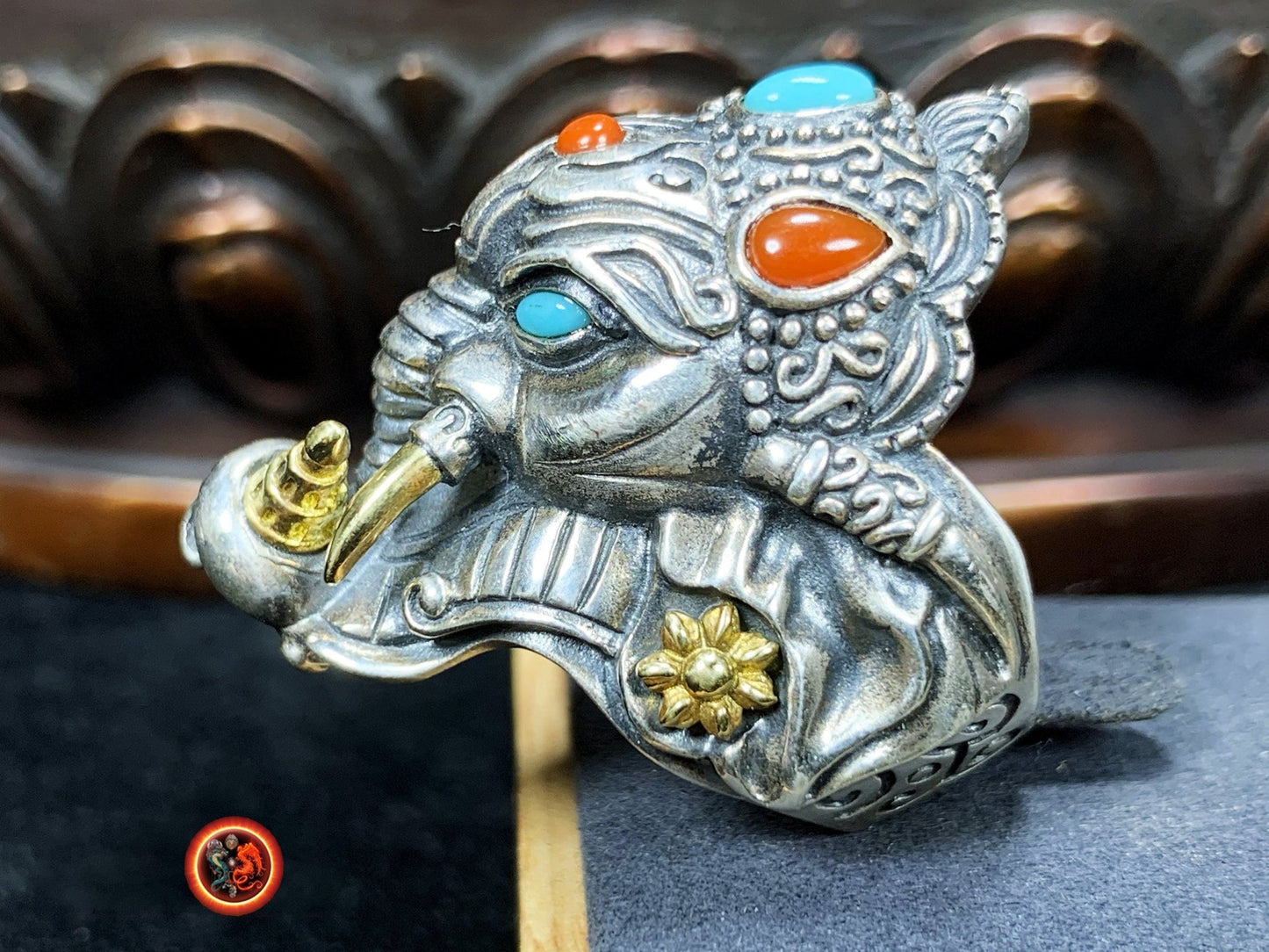 bague, chevalière Ganesh argent 925, cuivre turquoise d'Arizona agate dite "nan Hong". - obsidian dragon