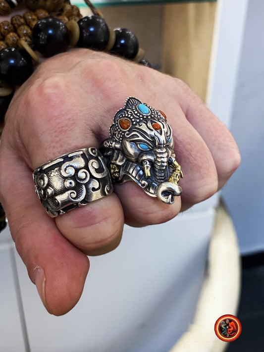 bague, chevalière Ganesh argent 925, cuivre turquoise d'Arizona agate dite "nan Hong". - obsidian dragon
