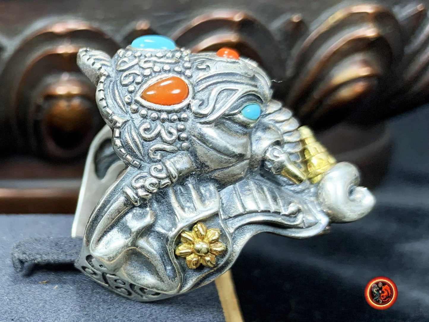 bague, chevalière Ganesh argent 925, cuivre turquoise d'Arizona agate dite "nan Hong". - obsidian dragon