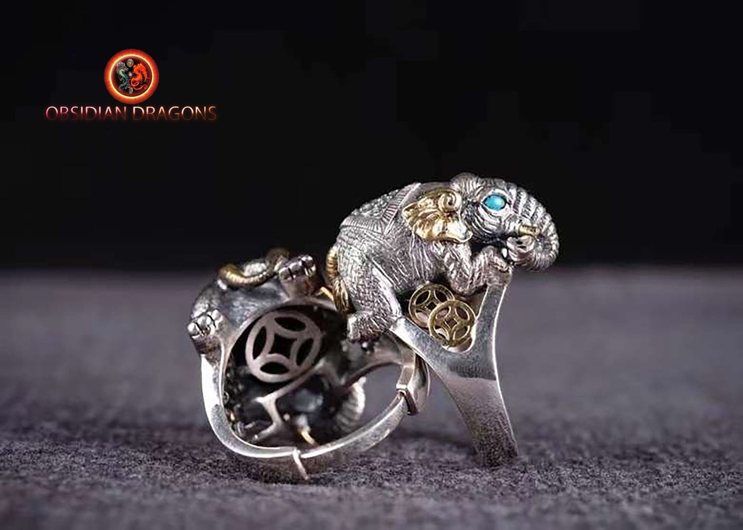 Bague Ganesh, le dieu elephant, argent 925, au choix turquoises ou agates nan hong, bague réglable à toute tailles de doigt, coulissant. - obsidian dragon