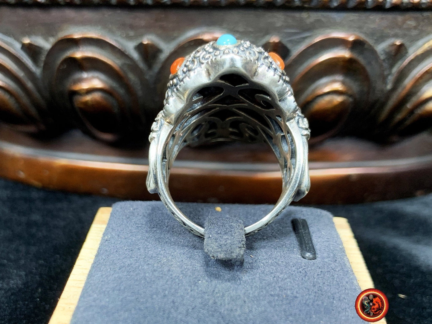 bague, chevalière Ganesh argent 925, cuivre turquoise d'Arizona agate dite "nan Hong". - obsidian dragon