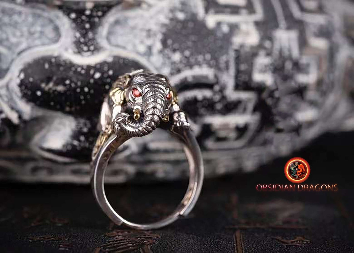 Bague Ganesh, le dieu elephant, argent 925, au choix turquoises ou agates nan hong, bague réglable à toute tailles de doigt, coulissant. - obsidian dragon