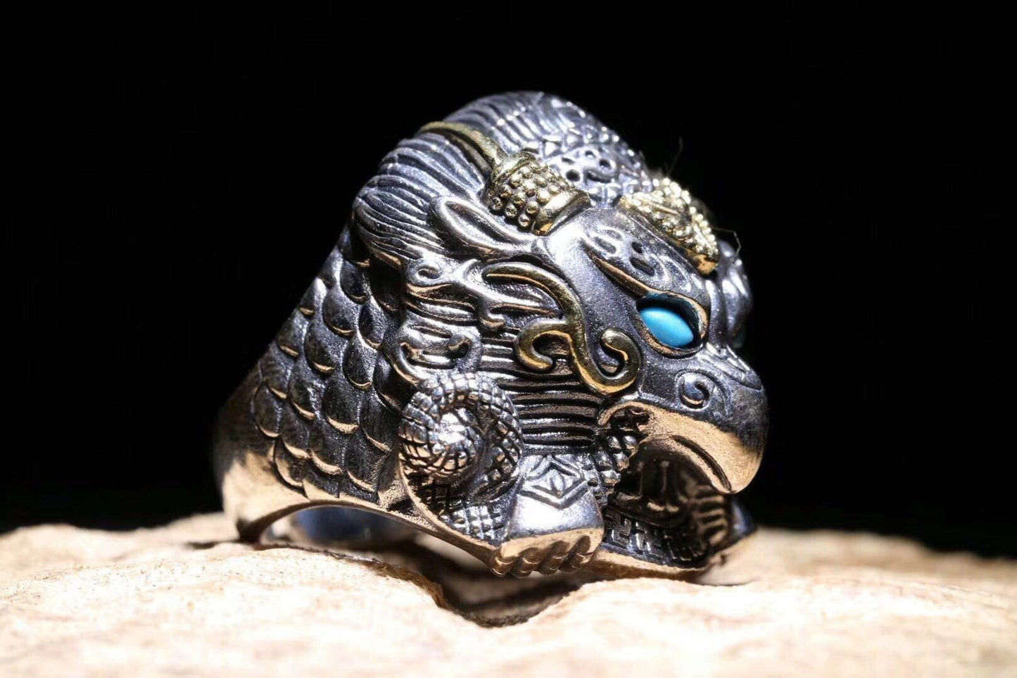 Bague Garuda- argent 925- bronze- turquoise