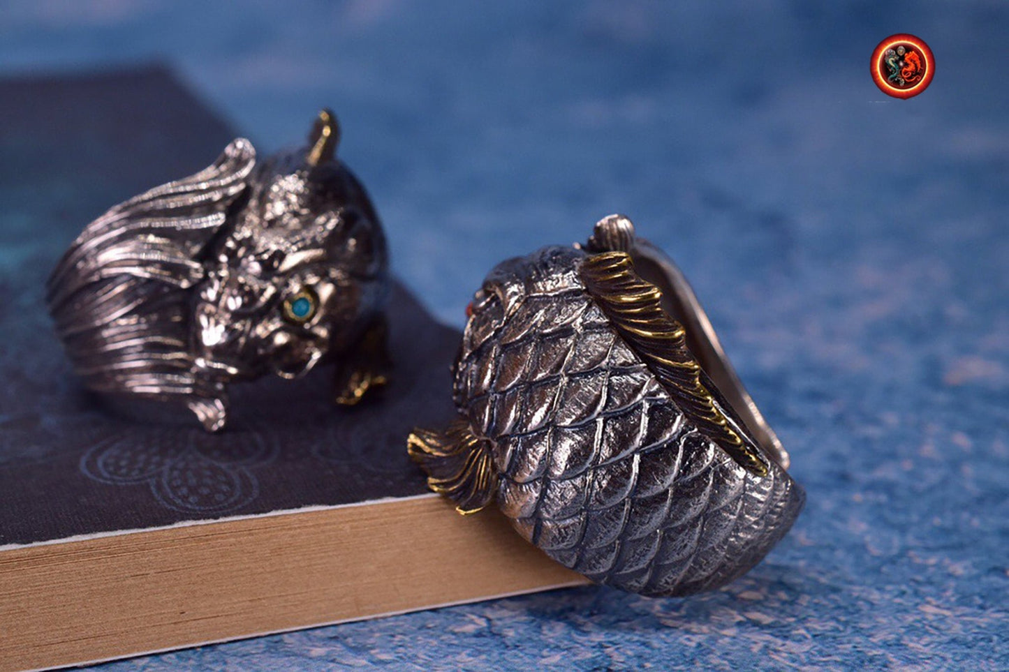Bague poisson, carpe koi. argent 925, cuivre turquoise ou agate nan hong. Feng shui. Symbole de bravoure, persévérance, courage et d’amour - obsidian dragon