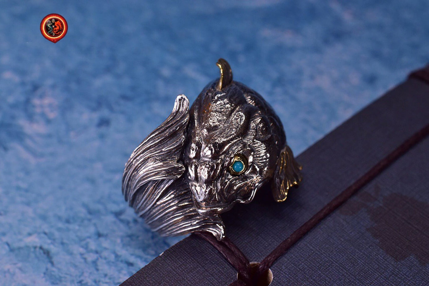 Bague poisson, carpe koi. argent 925, cuivre turquoise ou agate nan hong. Feng shui. Symbole de bravoure, persévérance, courage et d’amour - obsidian dragon