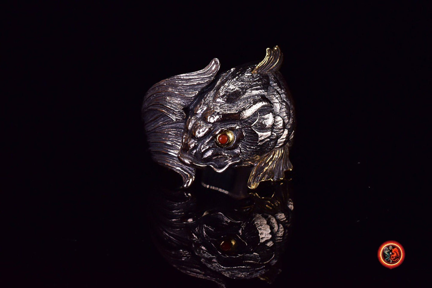 Bague poisson, carpe koi. argent 925, cuivre turquoise ou agate nan hong. Feng shui. Symbole de bravoure, persévérance, courage et d’amour - obsidian dragon