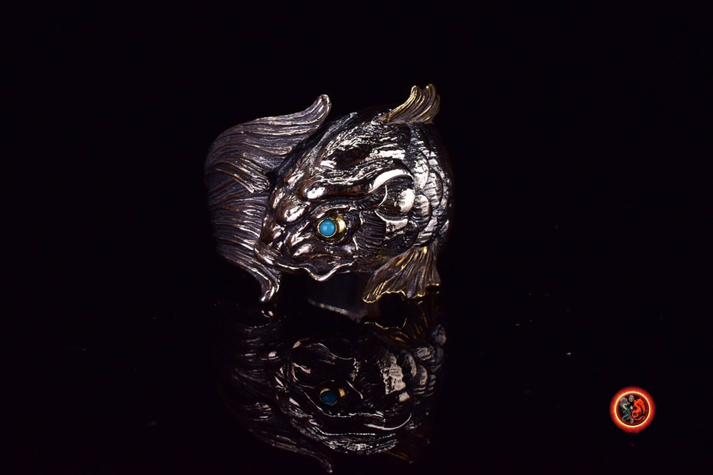 Bague poisson, carpe koi. argent 925, cuivre turquoise ou agate nan hong. Feng shui. Symbole de bravoure, persévérance, courage et d’amour - obsidian dragon