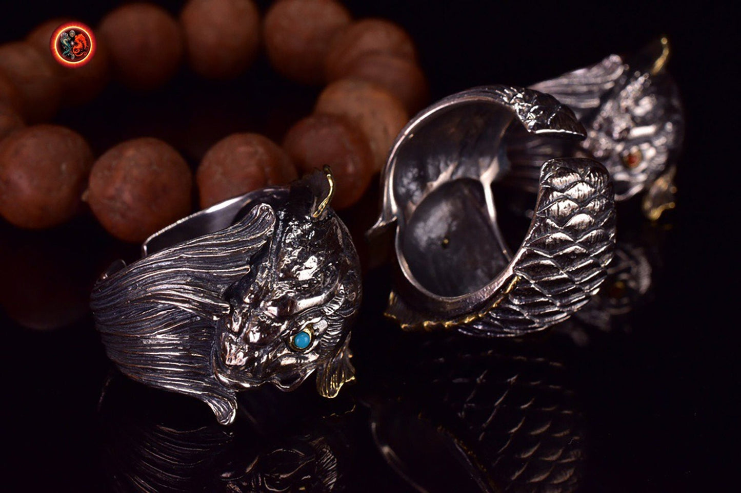 Bague poisson, carpe koi. argent 925, cuivre turquoise ou agate nan hong. Feng shui. Symbole de bravoure, persévérance, courage et d’amour - obsidian dragon