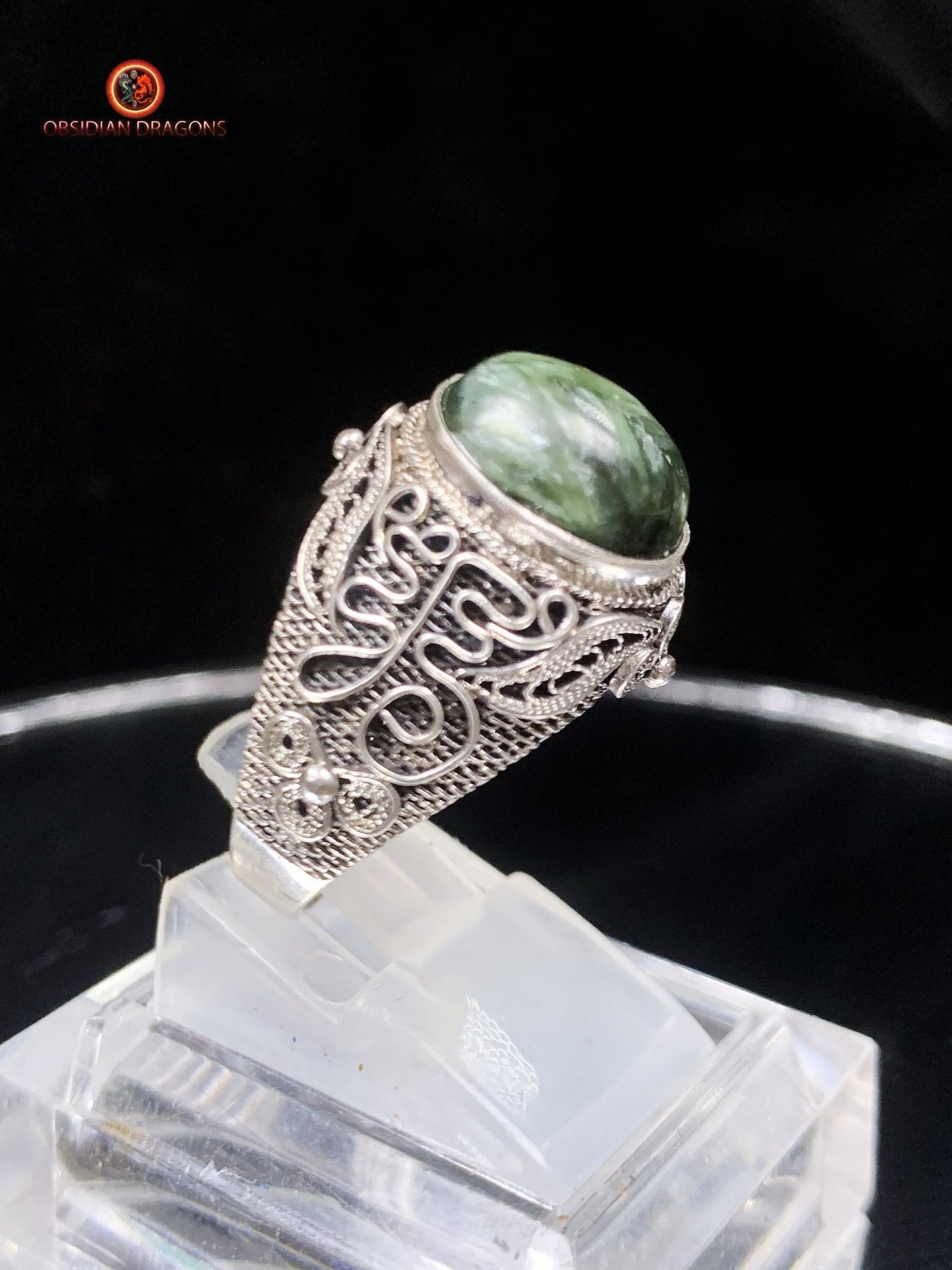 Bague en séraphinite- Argent- Traditionnel Dynastie Qing | obsidian dragons