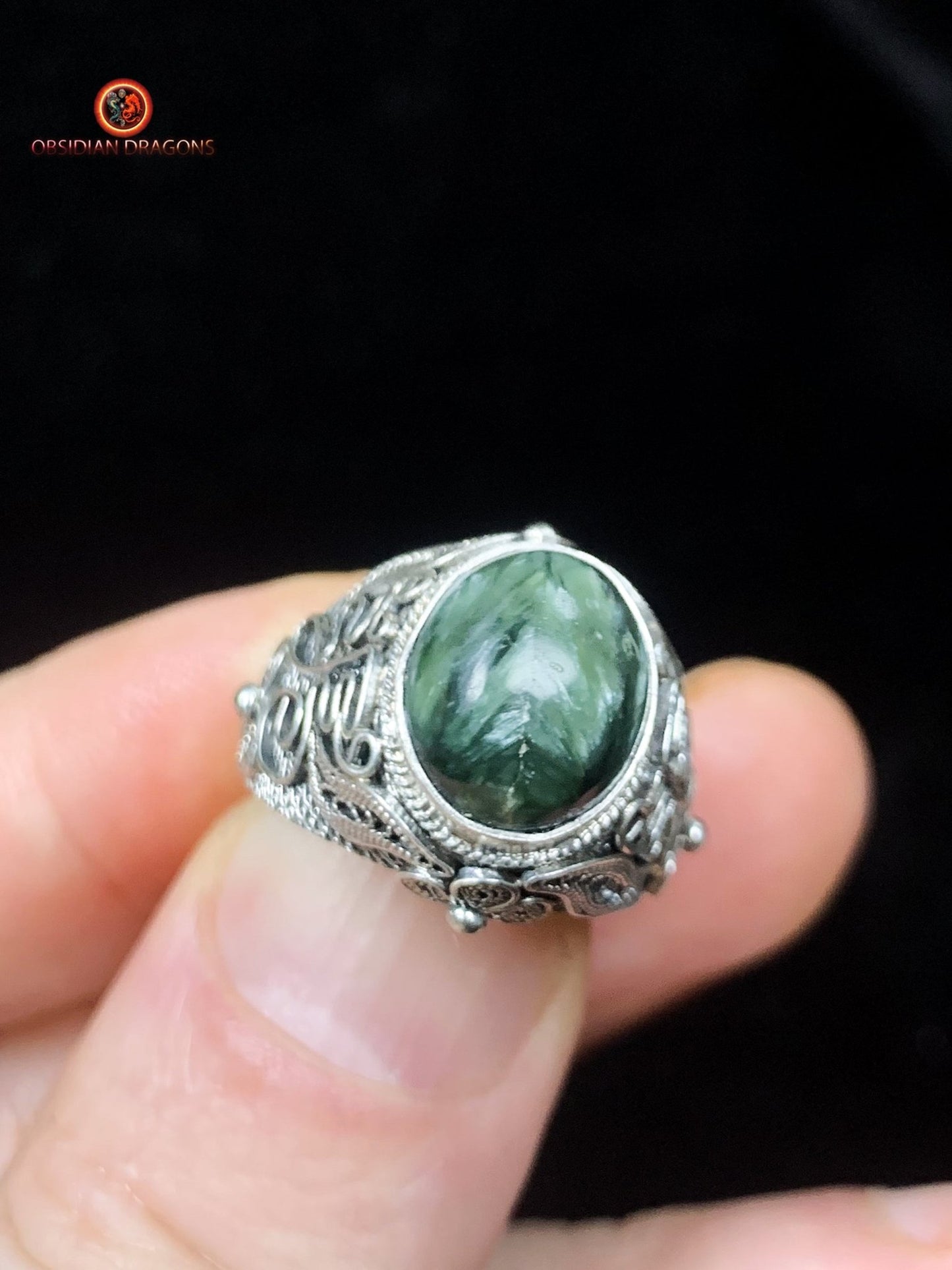 Bague en séraphinite- Argent- Traditionnel Dynastie Qing | obsidian dragons