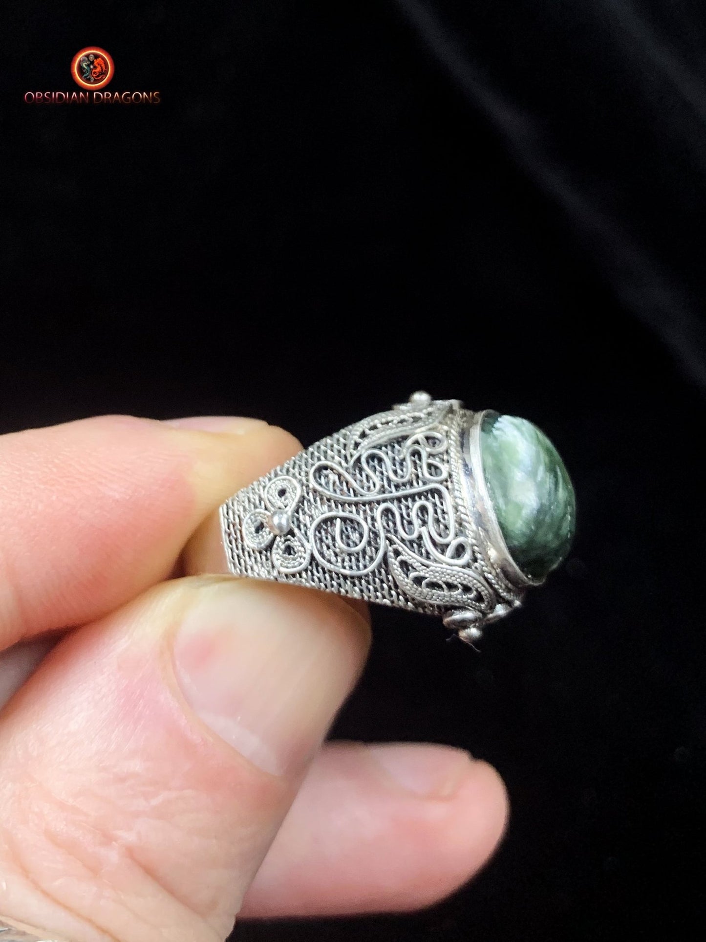 Bague en séraphinite- Argent- Traditionnel Dynastie Qing | obsidian dragons
