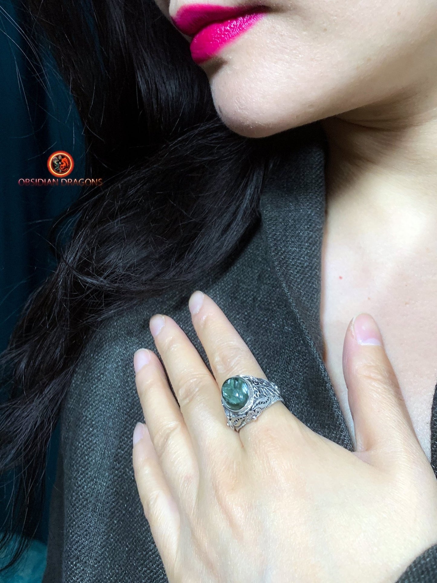 Bague en séraphinite- Argent- Traditionnel Dynastie Qing | obsidian dragons