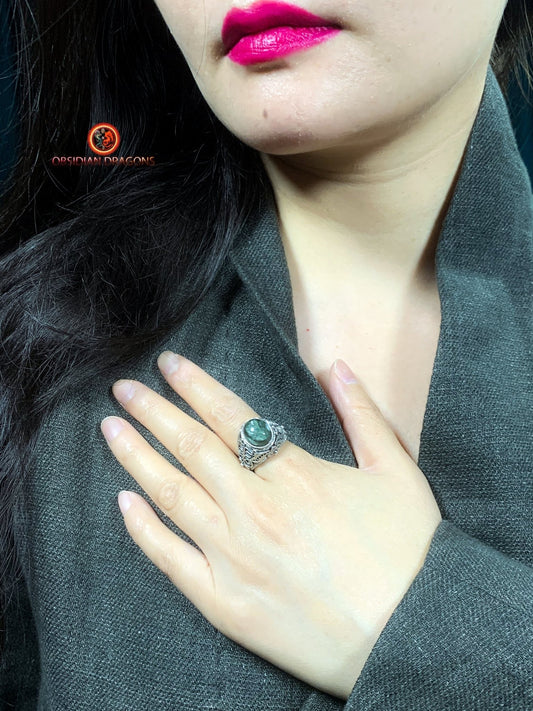 Bague en séraphinite- Argent- Traditionnel Dynastie Qing | obsidian dragons