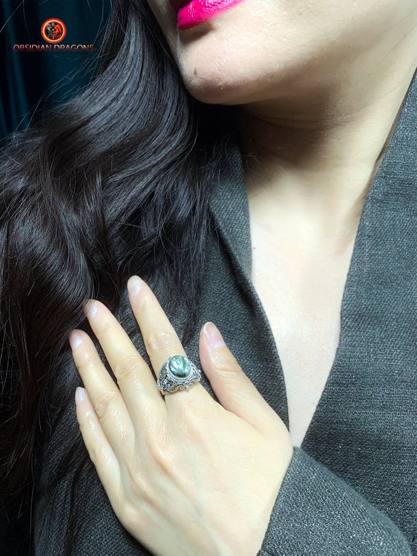 Bague en séraphinite- Argent 925- Traditionnel Qing | obsidian dragons