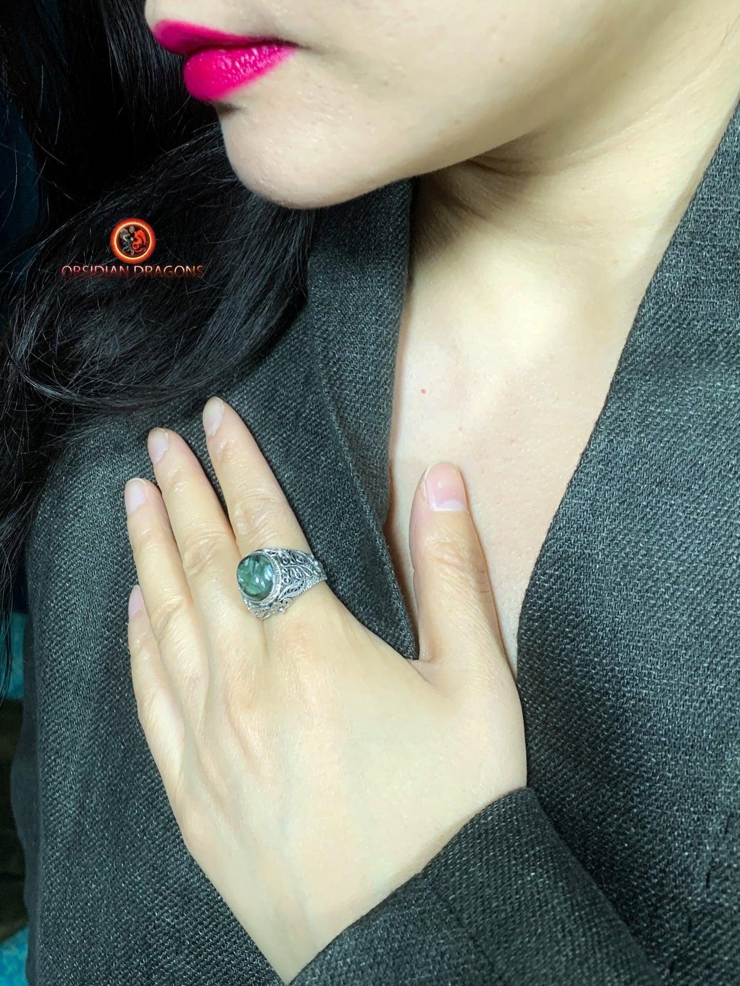Bague en séraphinite- Argent- Traditionnel Dynastie Qing | obsidian dragons