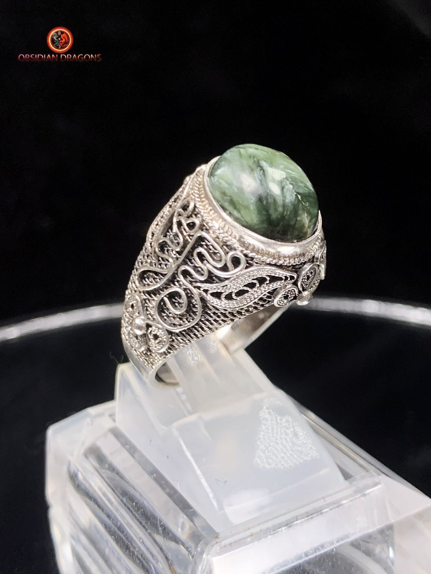 Bague en séraphinite- Argent- Traditionnel Dynastie Qing | obsidian dragons
