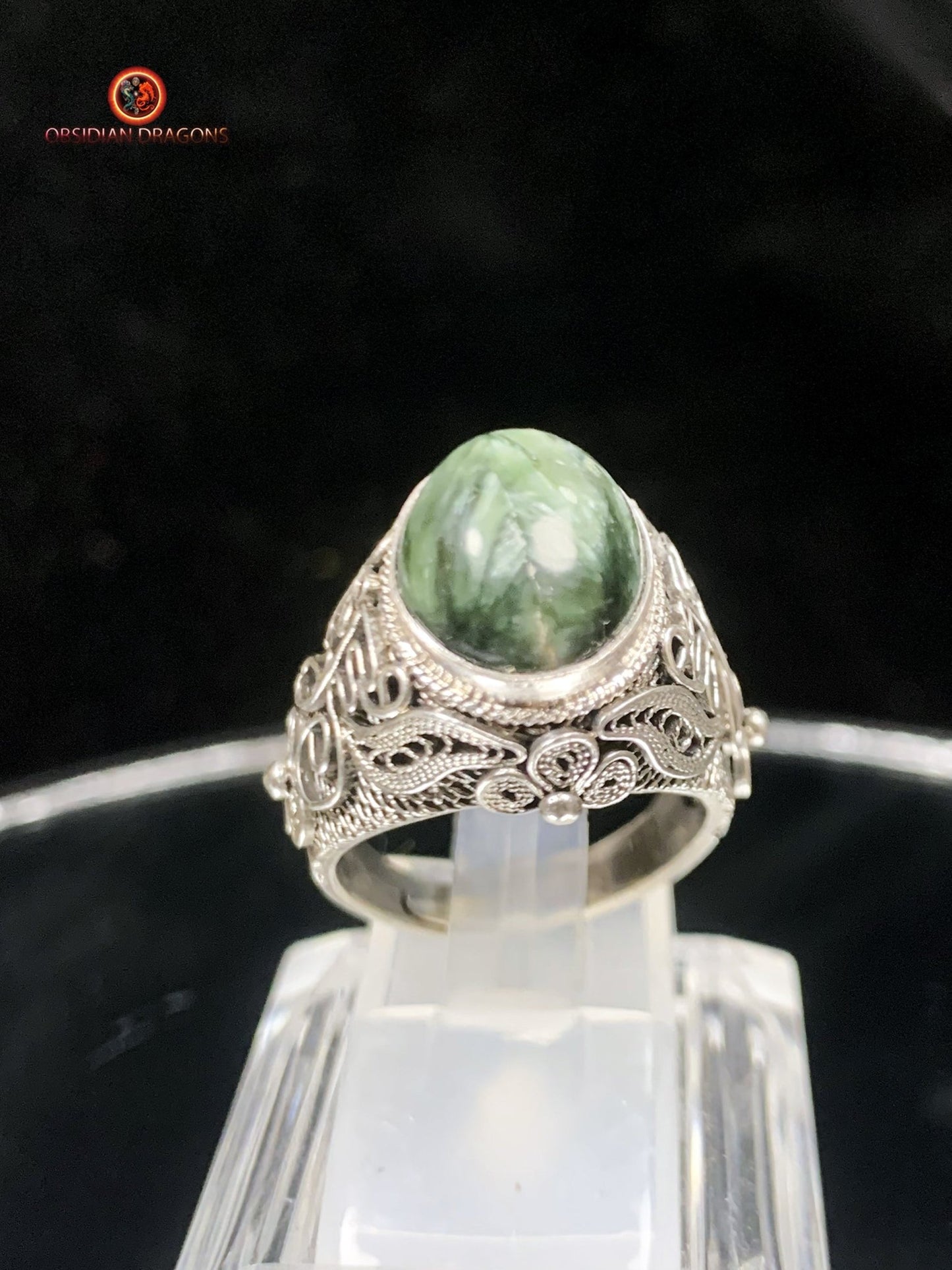 Bague en séraphinite- Argent- Traditionnel Dynastie Qing | obsidian dragons