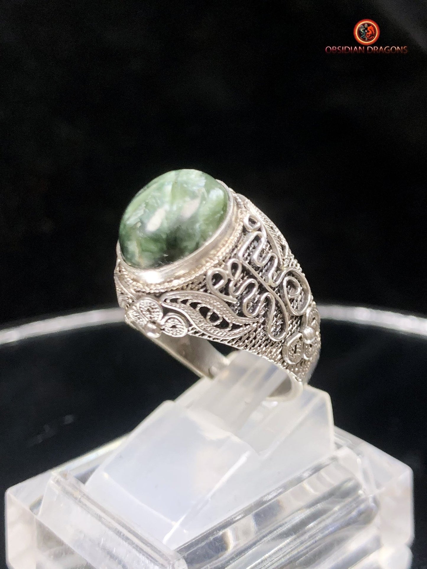 Bague en séraphinite- Argent- Traditionnel Dynastie Qing | obsidian dragons