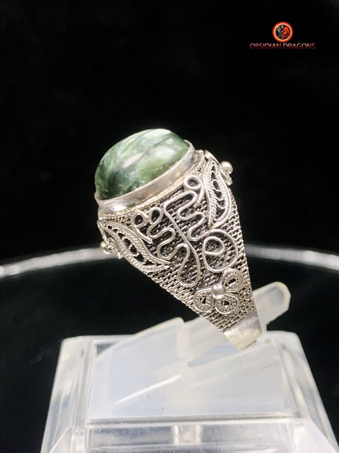 Bague en séraphinite- Argent- Traditionnel Dynastie Qing | obsidian dragons