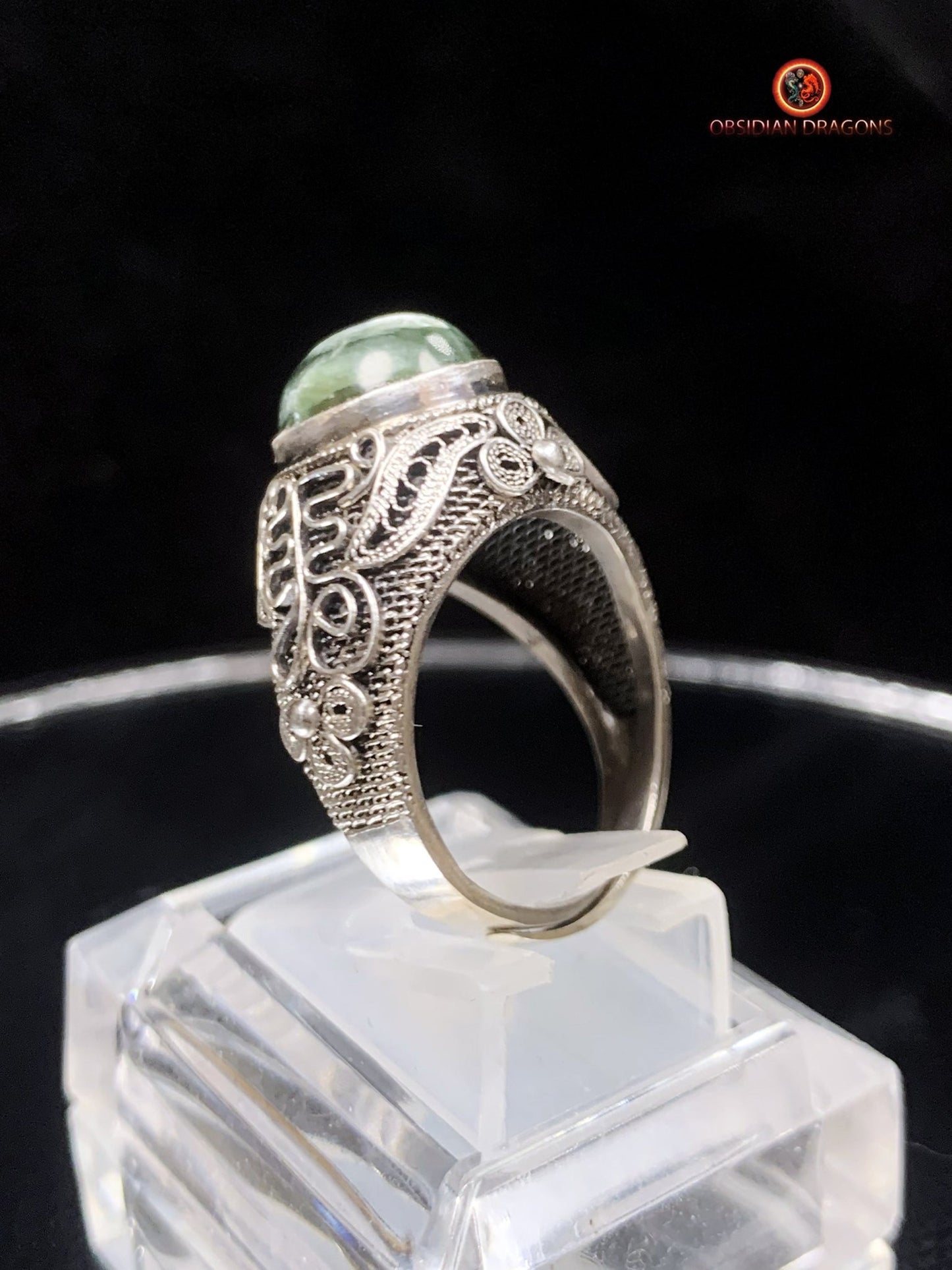 Bague en séraphinite- Argent- Traditionnel Dynastie Qing | obsidian dragons