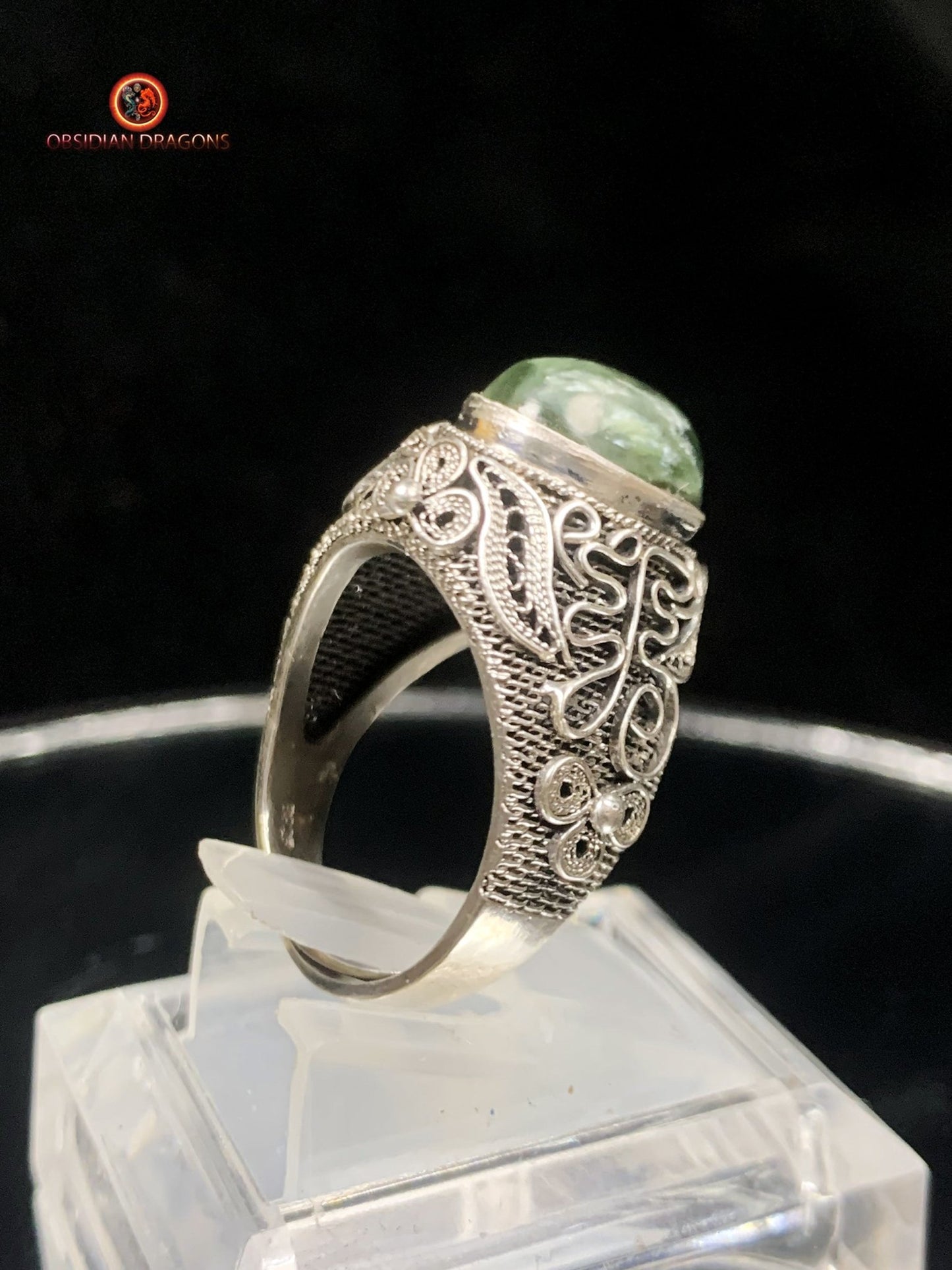 Bague en séraphinite- Argent- Traditionnel Dynastie Qing | obsidian dragons