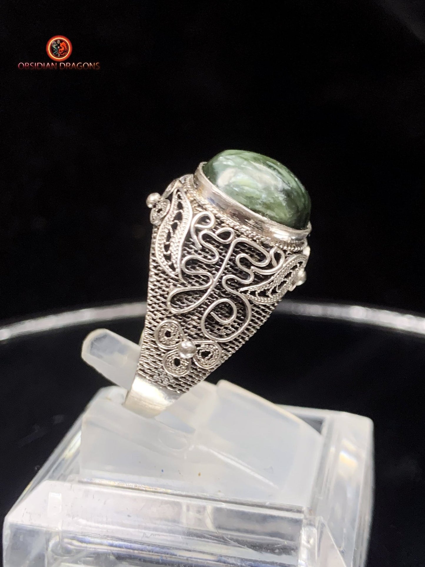 Bague en séraphinite- Argent- Traditionnel Dynastie Qing | obsidian dragons