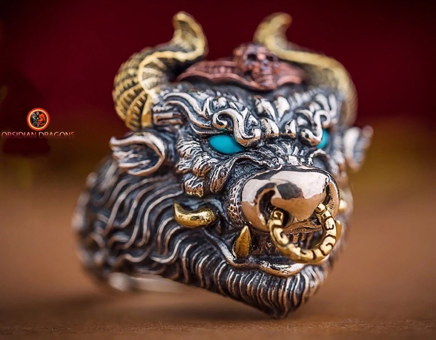 Bague, chevalière taureau, crâne, tete de mort. Argent 925, style Biker,Taille réglable. - obsidian dragon