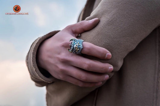 Bague, chevalière taureau, crâne, tete de mort. Argent 925, style Biker,Taille réglable. - obsidian dragon