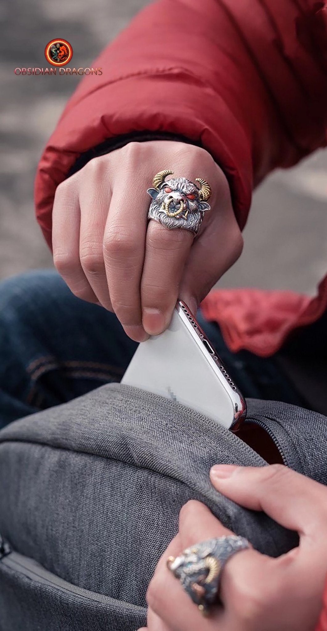 Bague, chevalière taureau. Argent 925, style Biker,Taille réglable. - obsidian dragon
