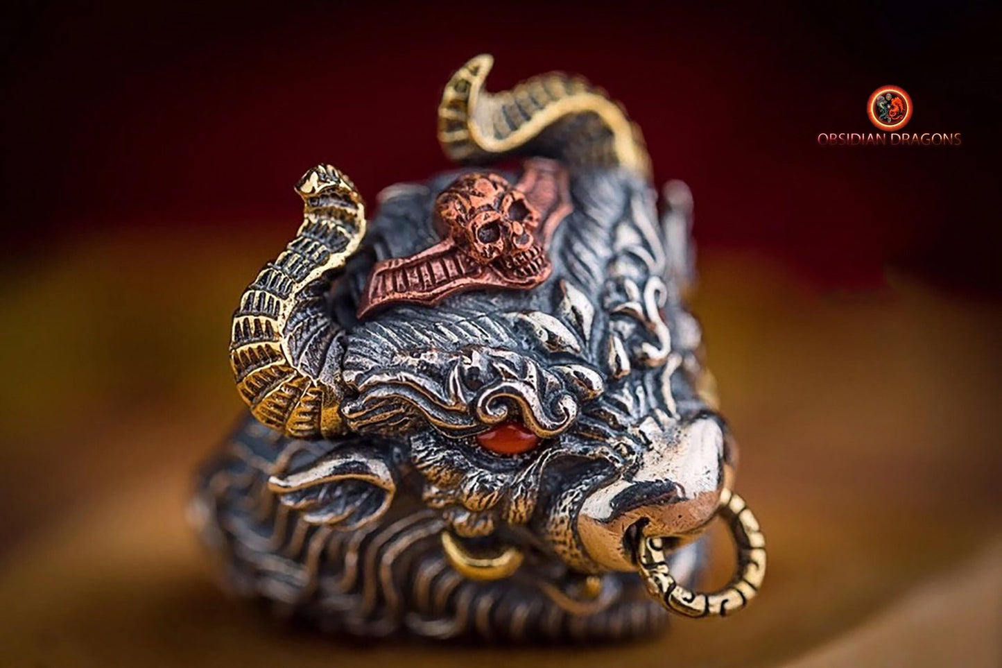 Bague, chevalière taureau, crâne, tete de mort. Argent 925, style Biker,Taille réglable. - obsidian dragon