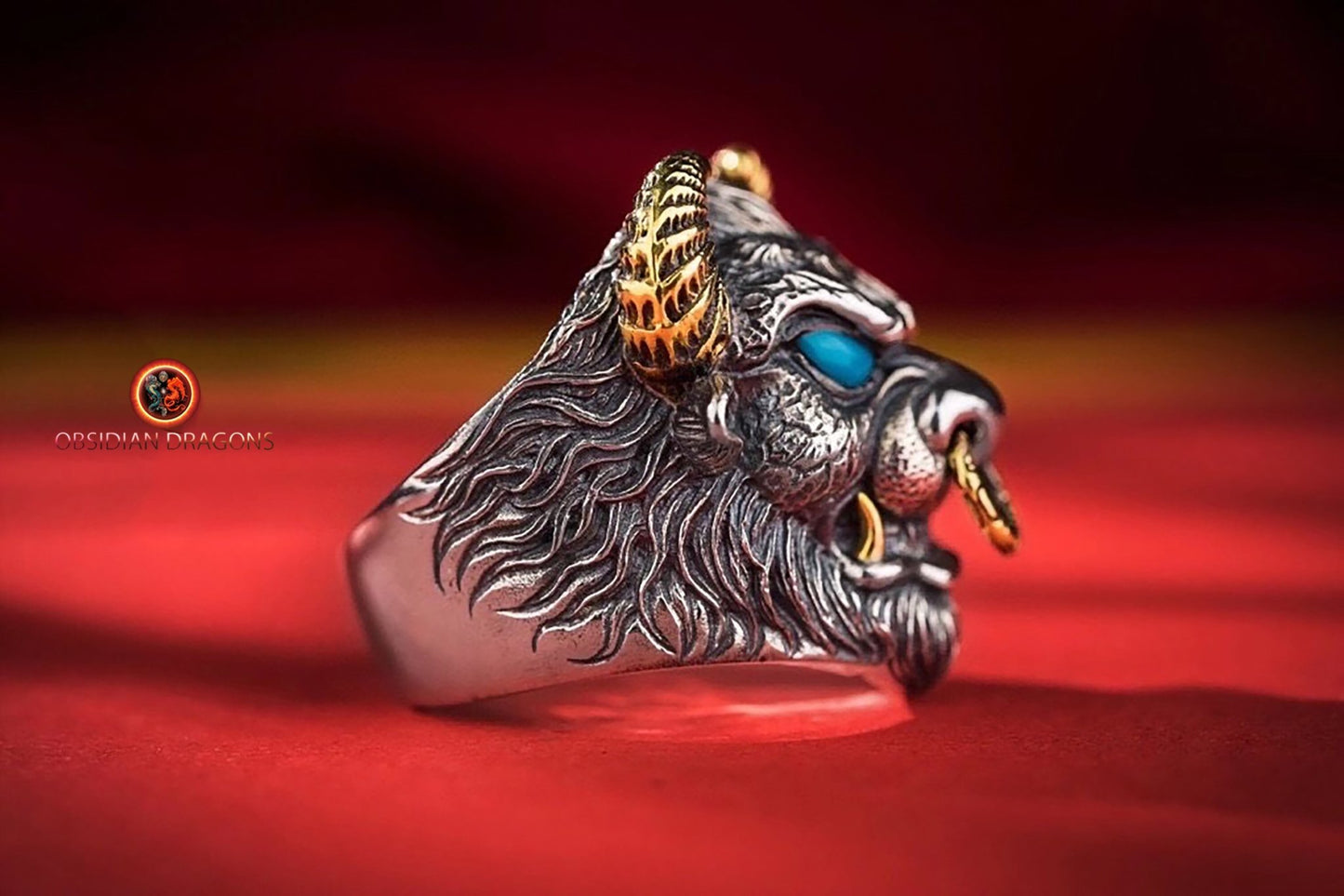 Bague, chevalière taureau. Argent 925, style Biker,Taille réglable. - obsidian dragon
